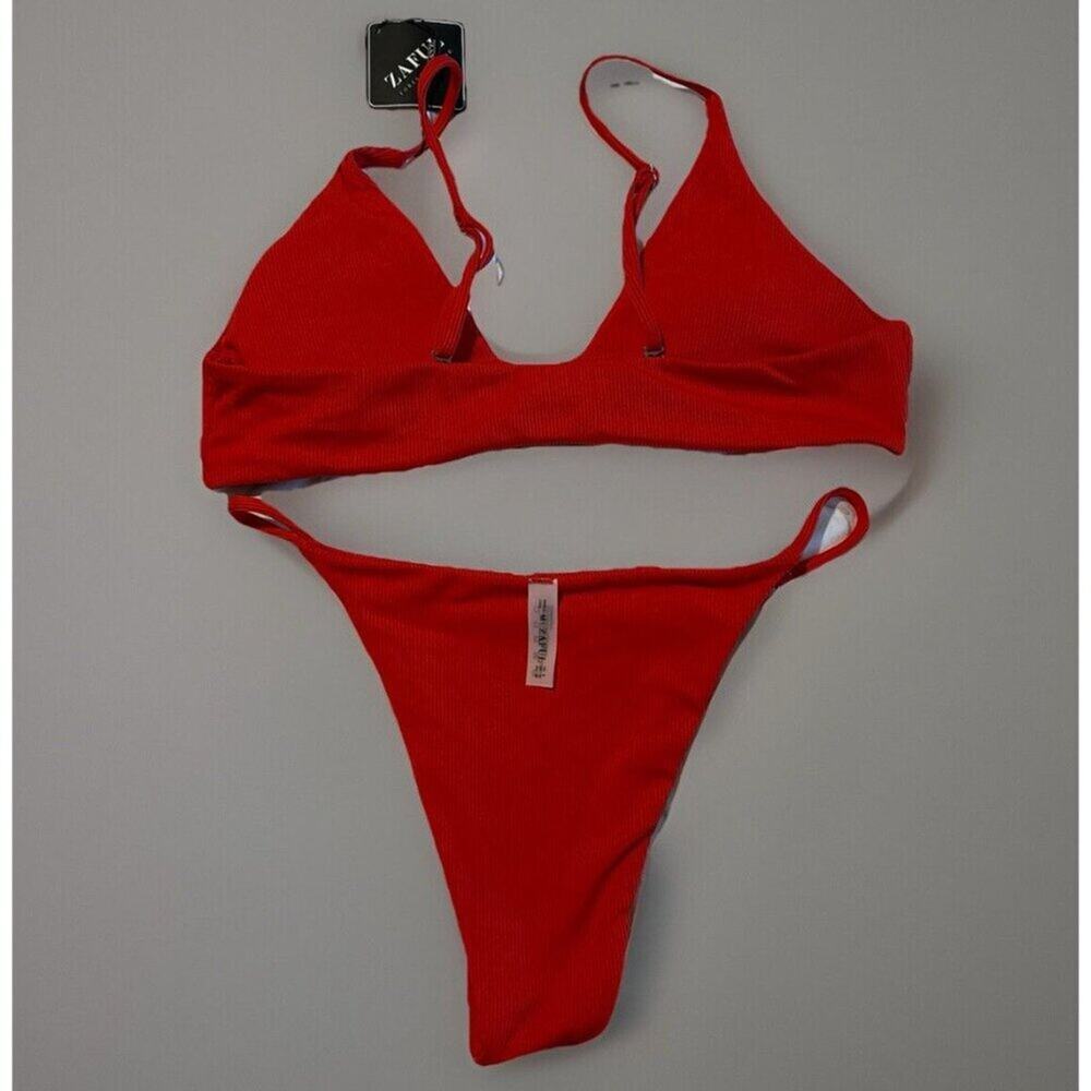 ZAFUL Women 2 Piece Swimsuit Size M Red Ribbed O Ring High Cut Cheeky Bikini NWT
